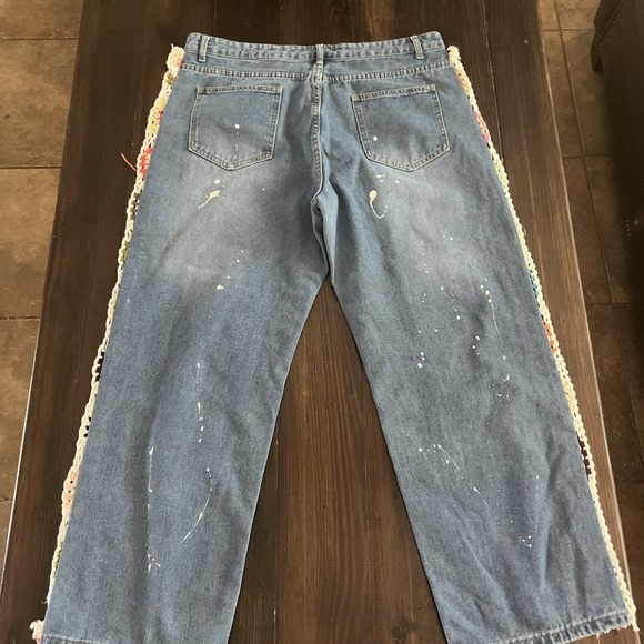 Rewash High Rise Flower Embroidered Side Distressed Raw Hem Jeans Blue - Picture 11 of 12